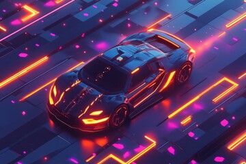 A car is driving on a road with neon lights. The car is black and has orange lights on the front