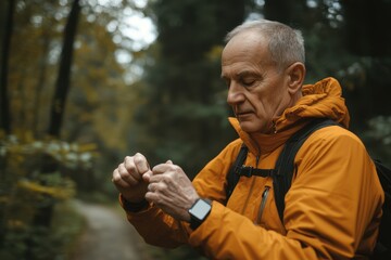 Elderly man in sportswear checks smartwatch on a forest trail during autumn, Elderly man in sportswear checking smartwatch while running on path in forest