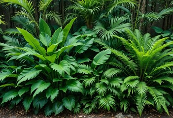 A variety of tropical plants in a lush green bush