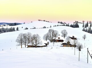 Obraz premium Farmhouses in snow-covered hilly landscape in the morning light, Schallenberg, Emmental, Canton Bern, Switzerland, Europe
