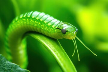Obraz premium Green worm crawls up on a vibrant plant stem in a lush garden setting, Close-of a green worm crawling up on the stem of the plant, green background