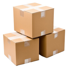 Stacked cardboard boxes ready for shipping on a white isolated background.
