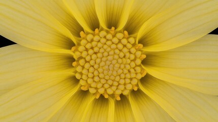 Close-Up of a Vibrant Yellow Flower with Detailed Petals and Central Pattern on Black Background