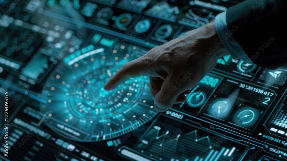 Poster person interacting with futuristic digital interface, showcasing data visualization and analytics. h