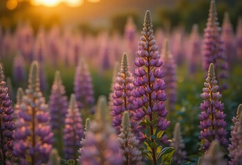 A field of purple lupine flowers with a sunset in the background