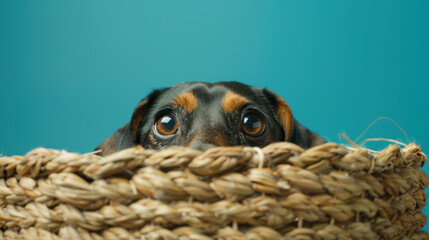 Obraz premium curious dog peeks over edge of woven basket, showcasing its expressive eyes and playful demeanor. vibrant background adds cheerful touch to scene