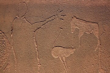 Rock engraving of a human with raised arm as well as ostrich and zebra, God's plate, near De Riet,...