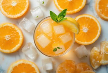 A refreshing summer drink with orange slices, ice cubes, and sparkling water in a glass pitcher.