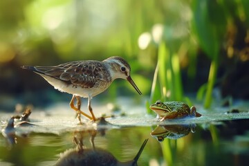 Wood sandpiper interacts with frog in shallow water during golden hour light, Wood sandpiper Tringa glareola in the wild A bird pecks a frog on the lake Slow motion