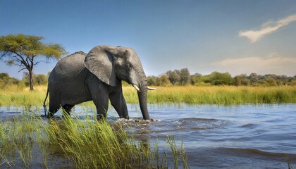 Fototapeta premium KI generated, animal, animals, mammal, mammals, biotope, habitat, one, single animal, foraging, wildlife, Africa, Kenya, african elephant (Loxodonta africana), water, river, waters, bush elephant, Africa