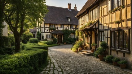 Fototapeta premium Traditional half timbered house nestled within the heart of a picturesque village in golden hour light, AI generated