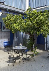 Blue-and-white courtyard of Salat Al Azama, Lazama, Synagogue, Marrakech, Morocco, Africa