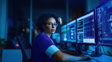 Fototapeta premium A professional woman wearing glasses, working intently on multiple computer monitors displaying data and graphs in a dark office environment.