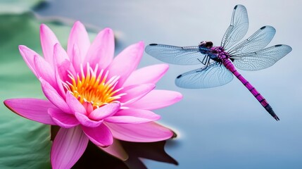 Vibrant Pink Lotus Flower with Dragonfly on Calm Water Surface