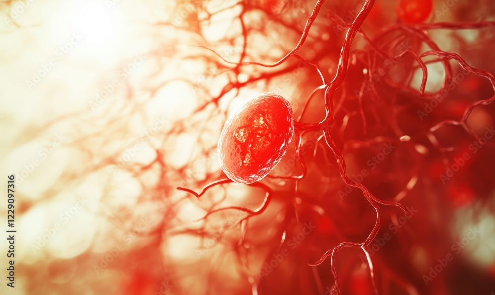 Poster red neurons and synapses in a vibrant neural network, showcasing intricate connections and cellular 