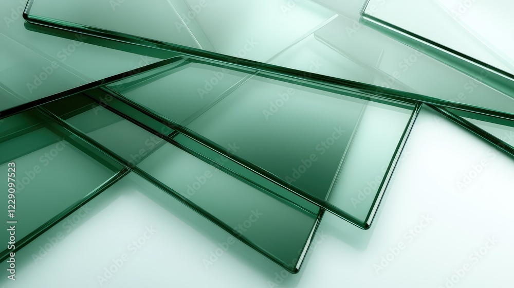 Poster layered green glass sheets reflecting light with soft shadows, creating an elegant and modern backgr