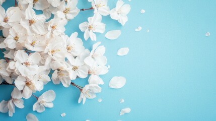 White flowers with soft petals lie beautifully against a calming blue background, enhancing the tranquility of the setting