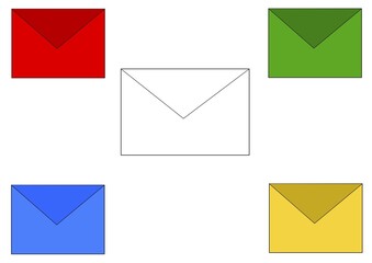 White envelope in the centre, four colourful small envelopes at the edge of the picture, illustration