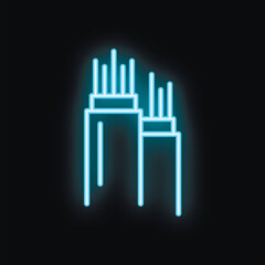Blue neon icon of fiber optic cables transmitting digital data on black background