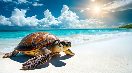 A large turtle basking in the sun on a white beach, minimal distractions