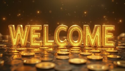 CGI WELCOME in glittering gold letters on reflective surface of gold coins for a luxurious, celebratory scene