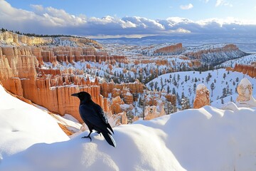 Fototapeta premium Raven perched on snow-covered ground at Bryce Canyon National Park during winter, A Raven at Bryce National Park