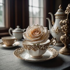 A pearl-colored rose in an elegant Victorian tea setting.