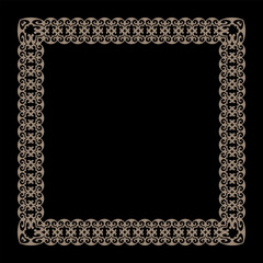 Vector gold vintage border frame in Victorian style on black background. Rectangle ornament. Square frame. Ornate gold Lace frame for square surfaces, invitations, textiles, embroider, stained glass 