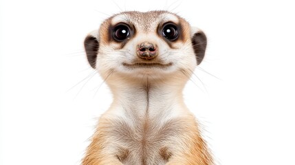 Obraz premium Playful Meerkat Portrait with Bright Eyes on a White Background