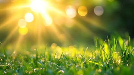 Fototapeta premium Lush Meadow Sunlit w Spring background with green grass and blurred sun rays a banner ith Vibrant Spring Colors