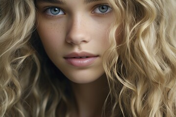 Portrait of young blond woman with blue eyes. KI generiert, generiert, AI generated