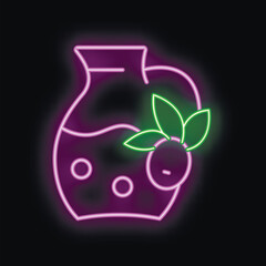 Glowing neon sign of a jar with a beverage and berries, perfect for a juice bar or cafe