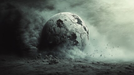 A captivating artistic representation of a cracked planet surrounded by swirling smoke, evoking mystery and otherworldly exploration in a dark cosmic setting.