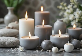 A beautiful spa set up with grey and white candles and a wooden wick candle in a brown glass jar
