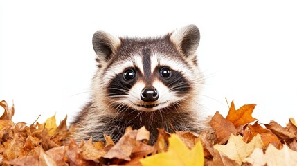 Obraz premium Cute raccoon among vibrant autumn leaves on white background