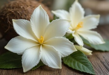 A jar of coconut oil with a gardenia flower and jasmine cape soaking inside