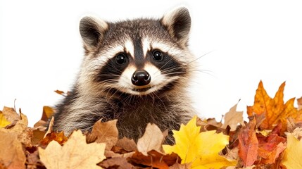 Fototapeta premium Cute raccoon with expressive eyes surrounded by autumn leaves