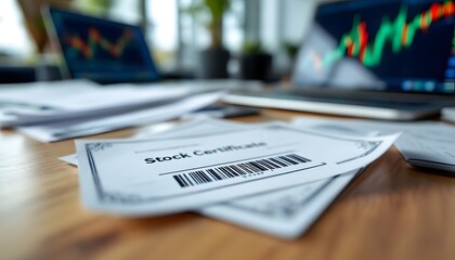 Stock Certificate Documents on a Desk Near Laptops