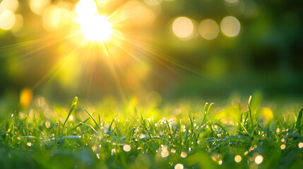 Obraz premium Lush Meadow Sunlit w Spring background with green grass and blurred sun rays a banner ith Vibrant Spring Colors