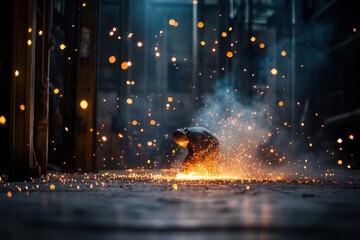 Fototapeta premium Dedicated factory worker skillfully welding metal components in a busy industrial environment.