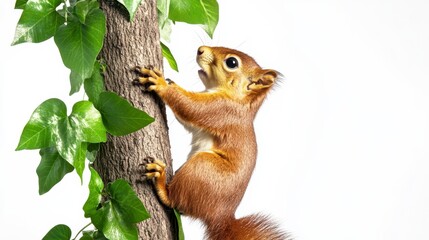 Obraz premium Squirrel Climbing Tree Trunk Surrounded by Green Ivy Leaves