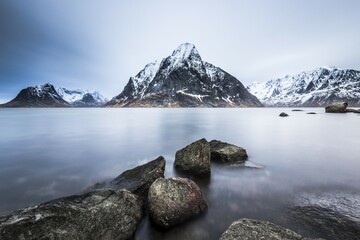 Klokketinden mountain at Reine, Reine Fjord, Moskenesøy, Lofoten, Norway, Europe