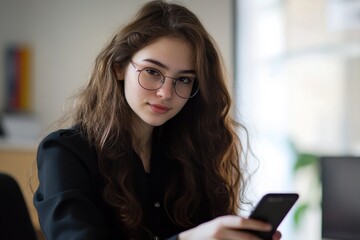 Finance professional analyzes data with smartphone in modern office setting during working hours, financial data processing over caucasian businesswoman in office