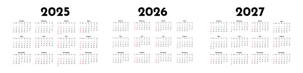 Set of calendars for 2025, 2026 and 2027 on a white background