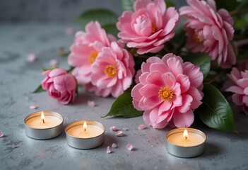 A bouquet of pink camellia flowers with lit candles in tin cans on a gray background