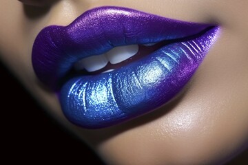 Woman's lips with metallic blue and purple lipstick. KI generiert, generiert, AI generated