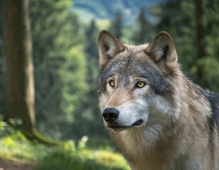 Obraz premium Animal, wolf, portrait, head only, background forest, AI generated, AI generated