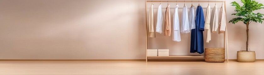 A stylish wardrobe display with clothing and indoor plants.