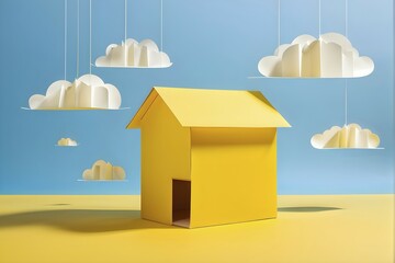 Obraz premium AI generated yellow paper house on a vibrant blue background