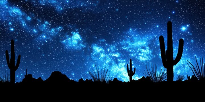 Starry Night Sky Over Desert Landscape Silhouetted Cacti